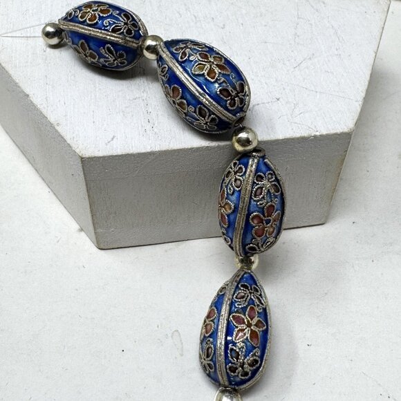 Vintage Cloisonné Blue Floral Oval Bead Necklace Spacer Or Jewelry Making Beads - Picture 5 of 6